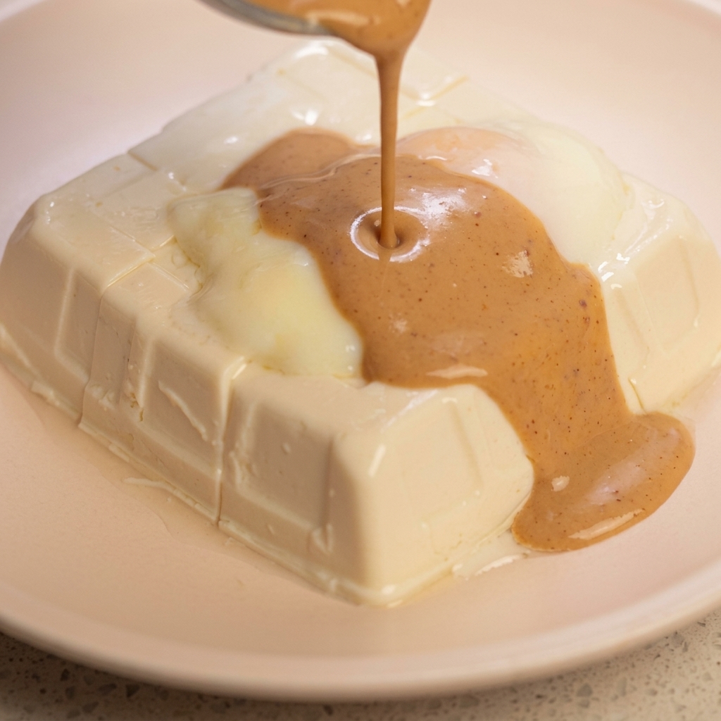 Sesame sauce being poured from above onto a soft-boiled egg and silken tofu.
