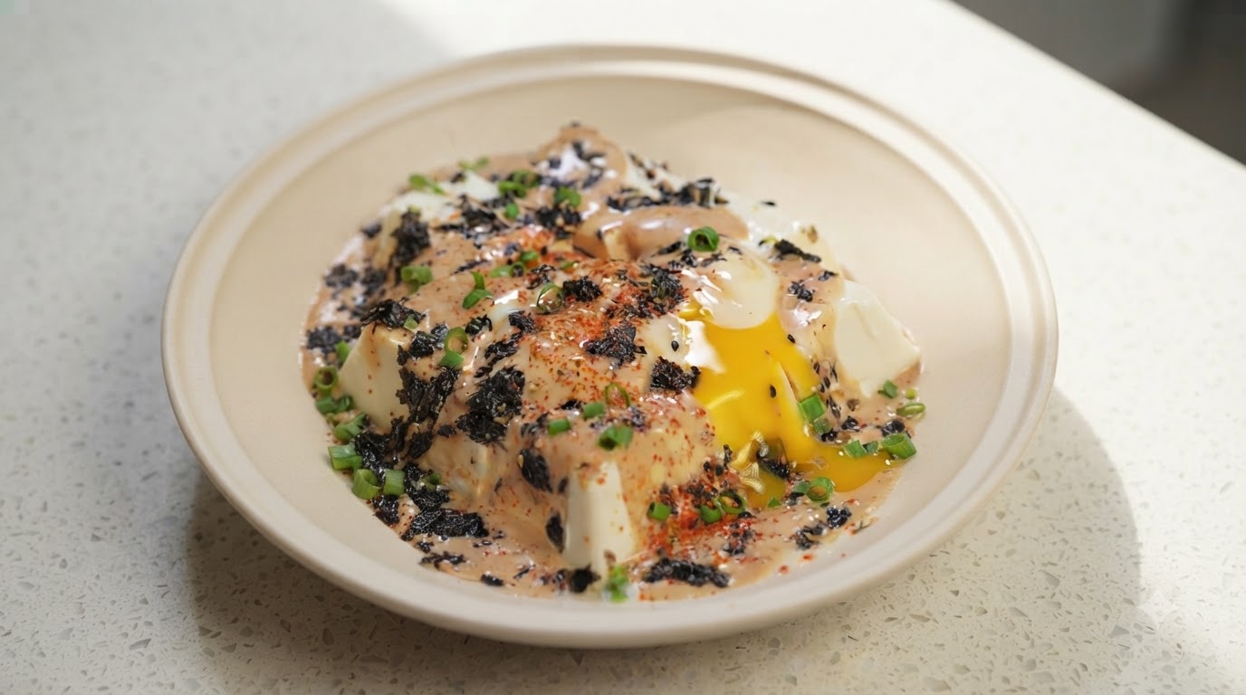 Silken Tofu with Sesame Dressing and Onsen Egg