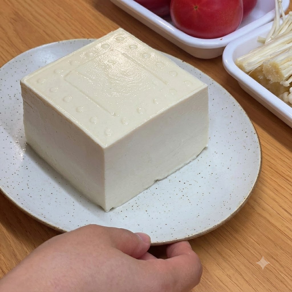 A block of fresh white tofu resting on a white speckled plate on a wooden surface.