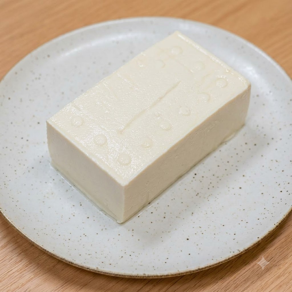 A block of tender white tofu resting on a white ceramic plate over a wooden surface.