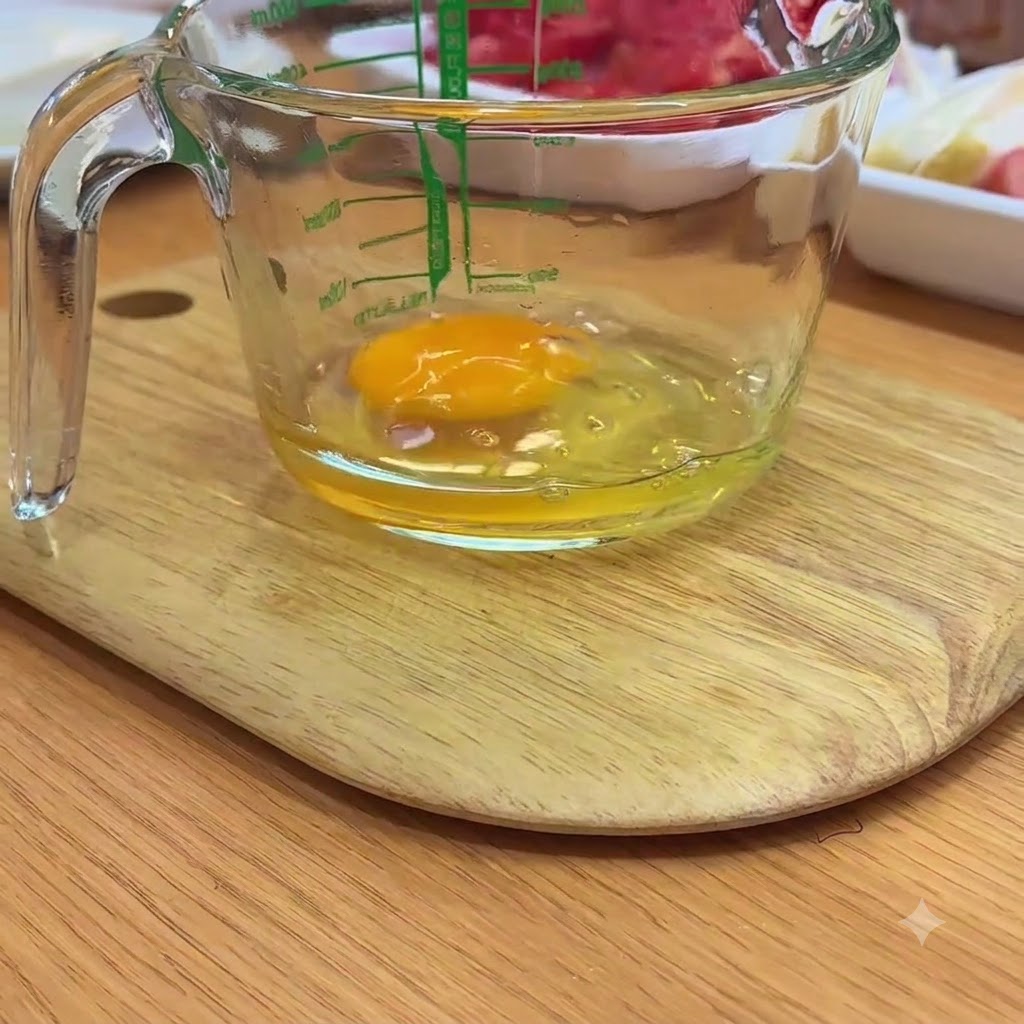 A cracked egg inside a glass measuring cup sitting on a wooden cutting board.