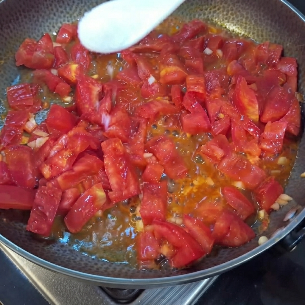 A white spoon sprinkling salt over chopped red tomatoes cooking in a pan.