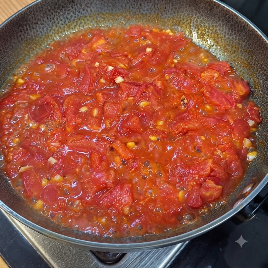 Chopped tomatoes cooked down into a rich, bubbling red sauce inside a pan.
