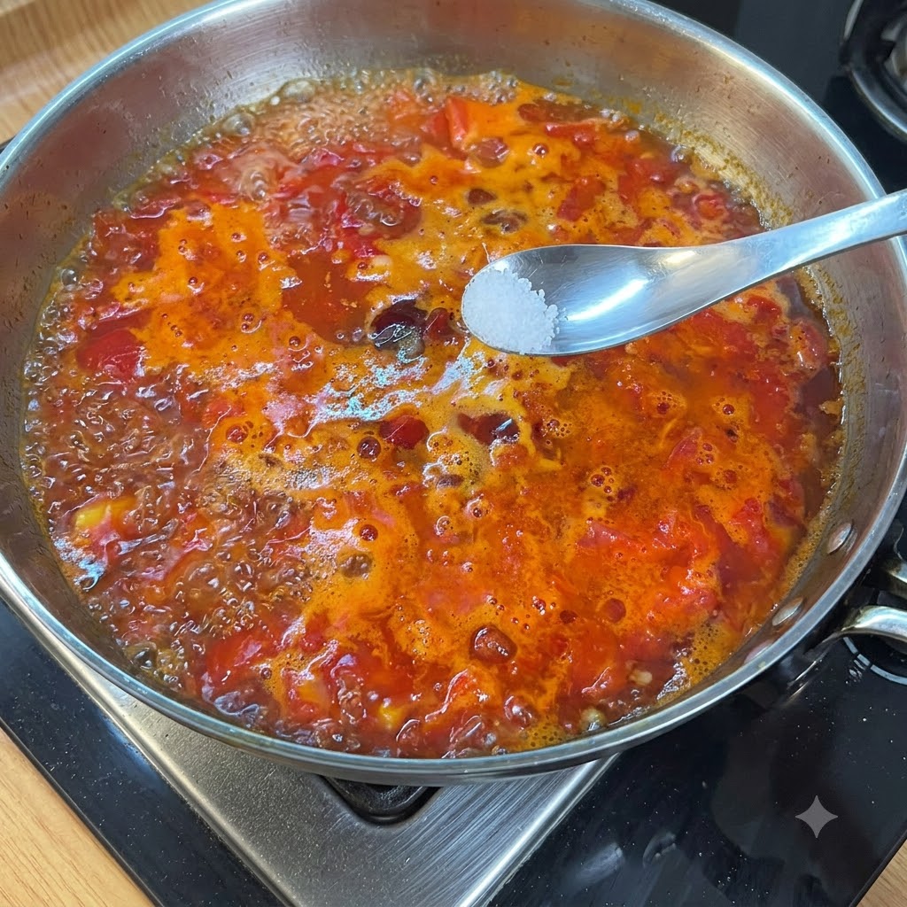 A spoon holding salt over a simmering red tomato broth inside a metal pan.