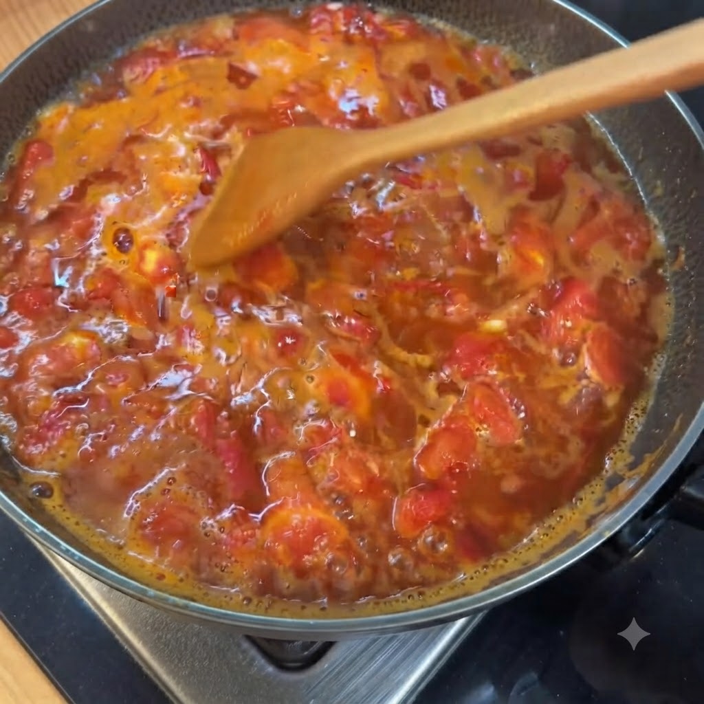 A bundle of fresh enoki mushrooms being dropped into a simmering pot of tomato broth.