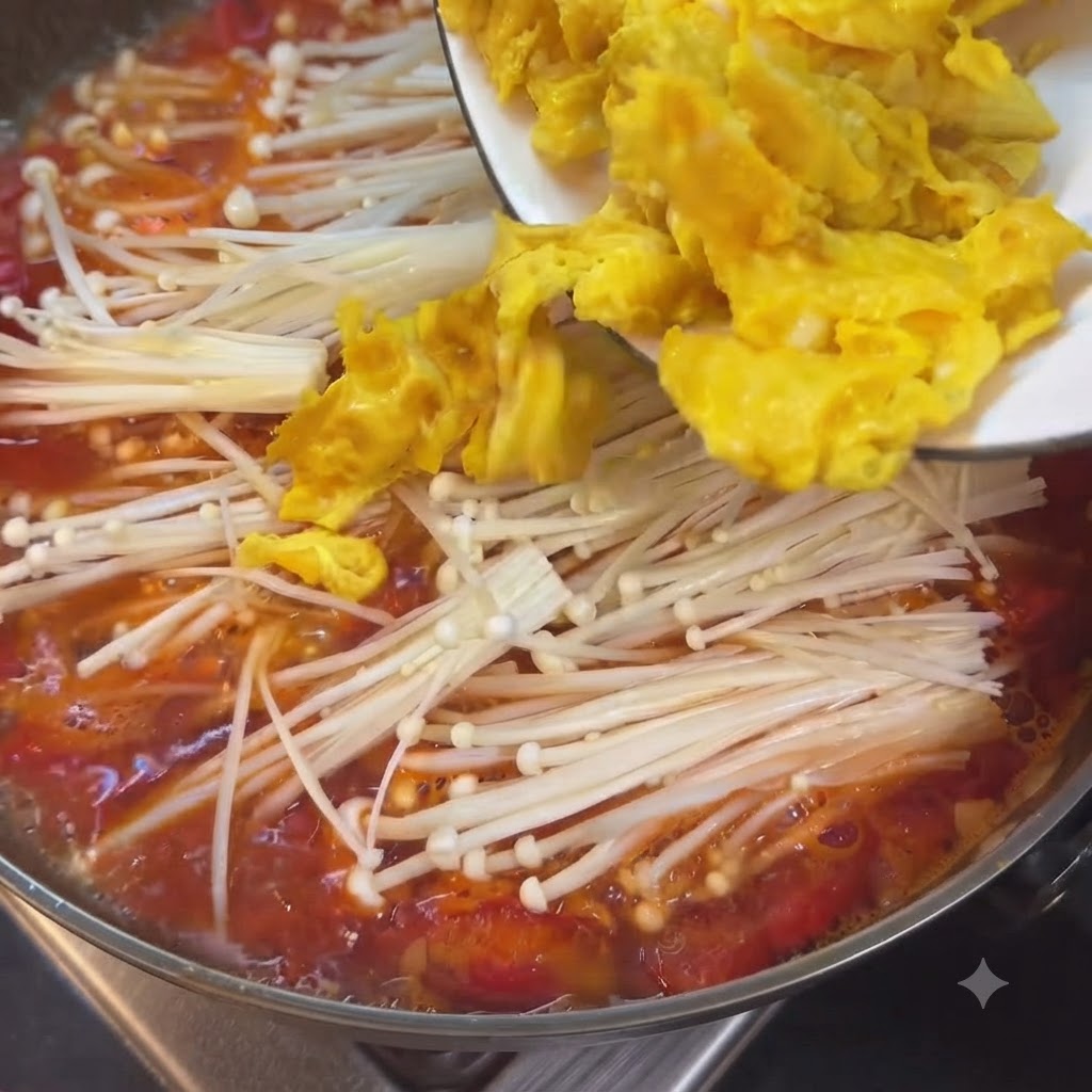 Cooked yellow scrambled eggs being poured from a white plate into the simmering soup pot.