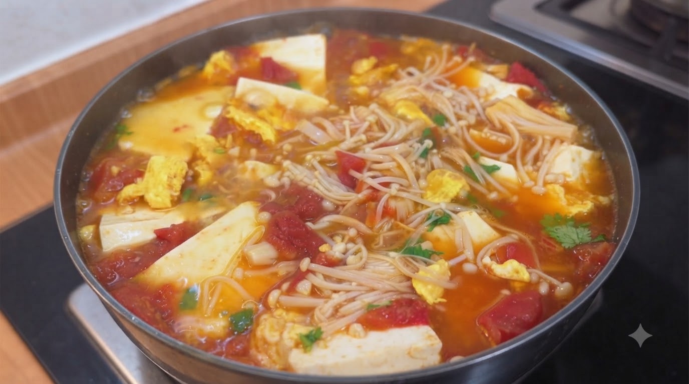 10-Minute Tomato Tofu & Enoki Mushroom Soup