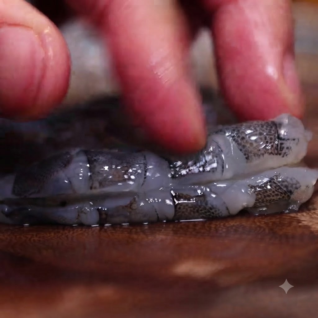 Close-up of fingers gently pressing on a piece of white squid being scored on a wooden cutting board.