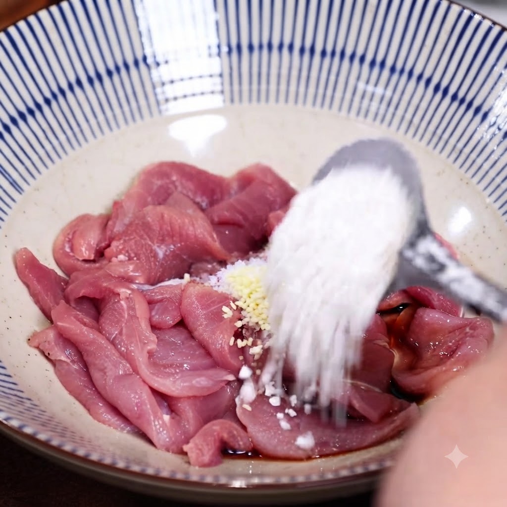A spoonful of white starch being poured into a bowl of sliced raw pork with minced garlic and soy sauce.