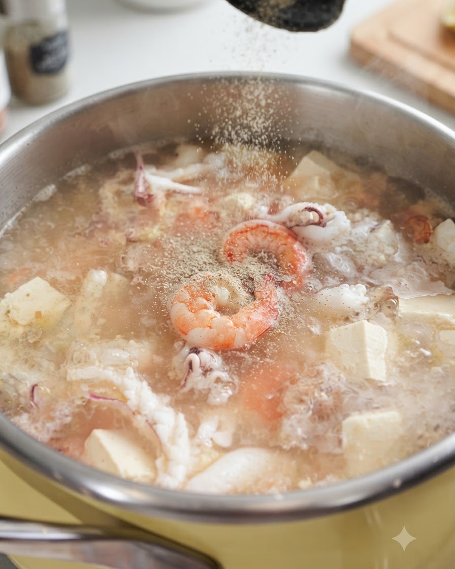 White pepper powder being sprinkled into a pot of actively bubbling seafood soup containing shrimp, squid, and tofu.