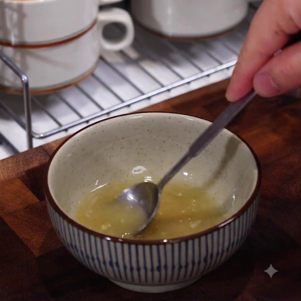 A hand using a small spoon to stir a mixture of flour, oil, and water in a small ceramic bowl.