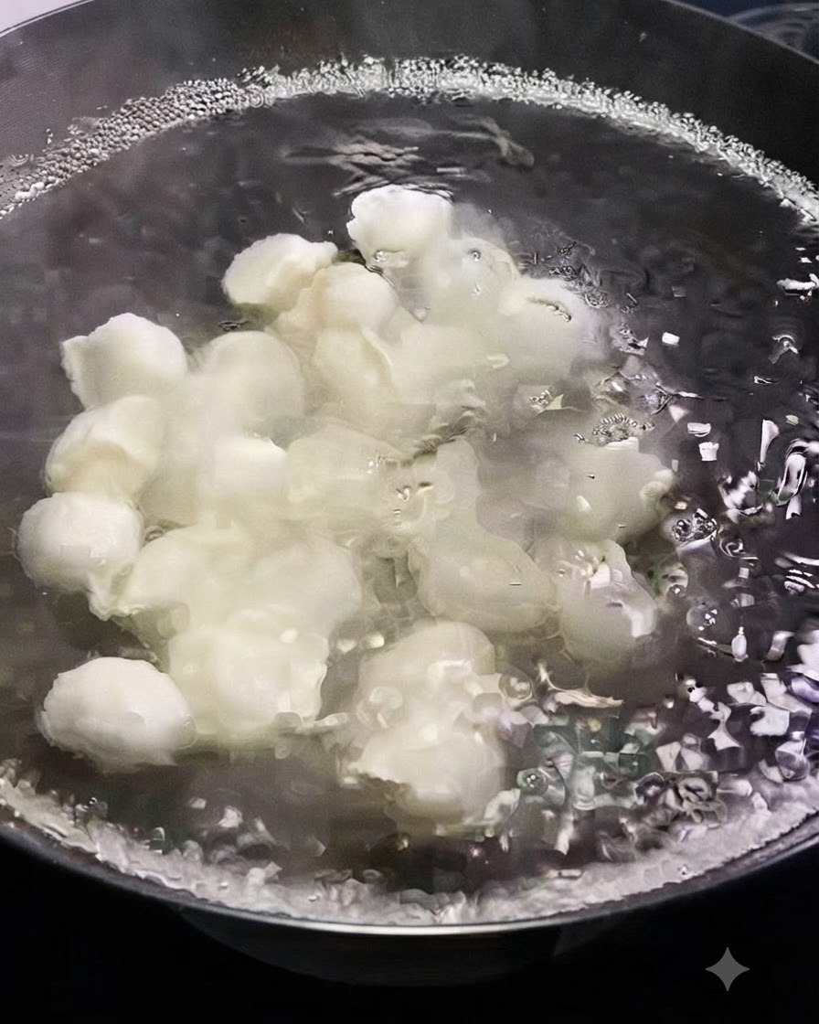 A close-up view of fresh white dumplings cooking in a pot of rapidly boiling water.