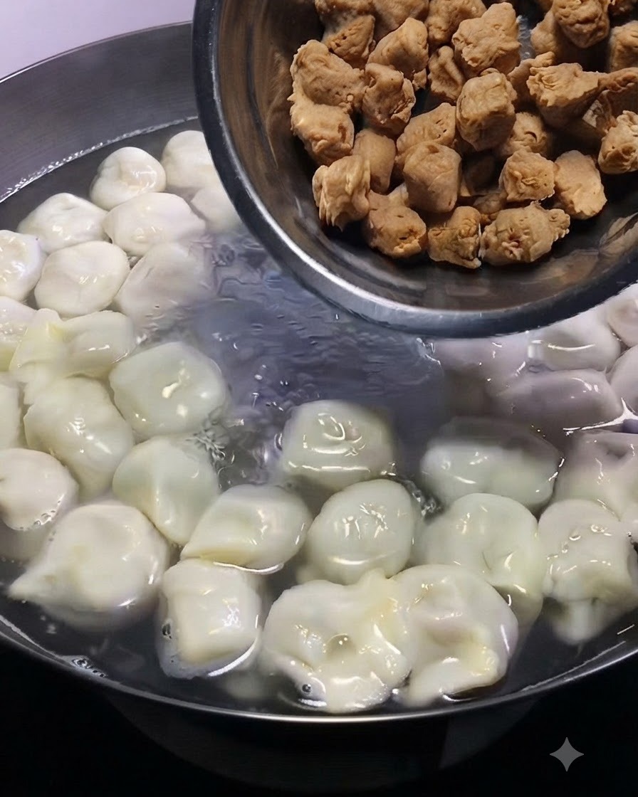 Small brown meatballs being poured out of a metal bowl into a simmering pot containing dumplings.