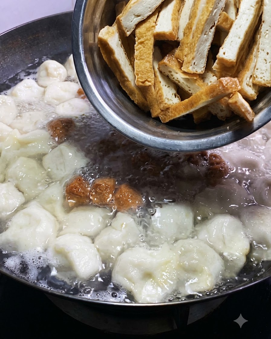 Strips of golden fried tofu sliding from a metal bowl into the bubbling pot alongside dumplings and meatballs.
