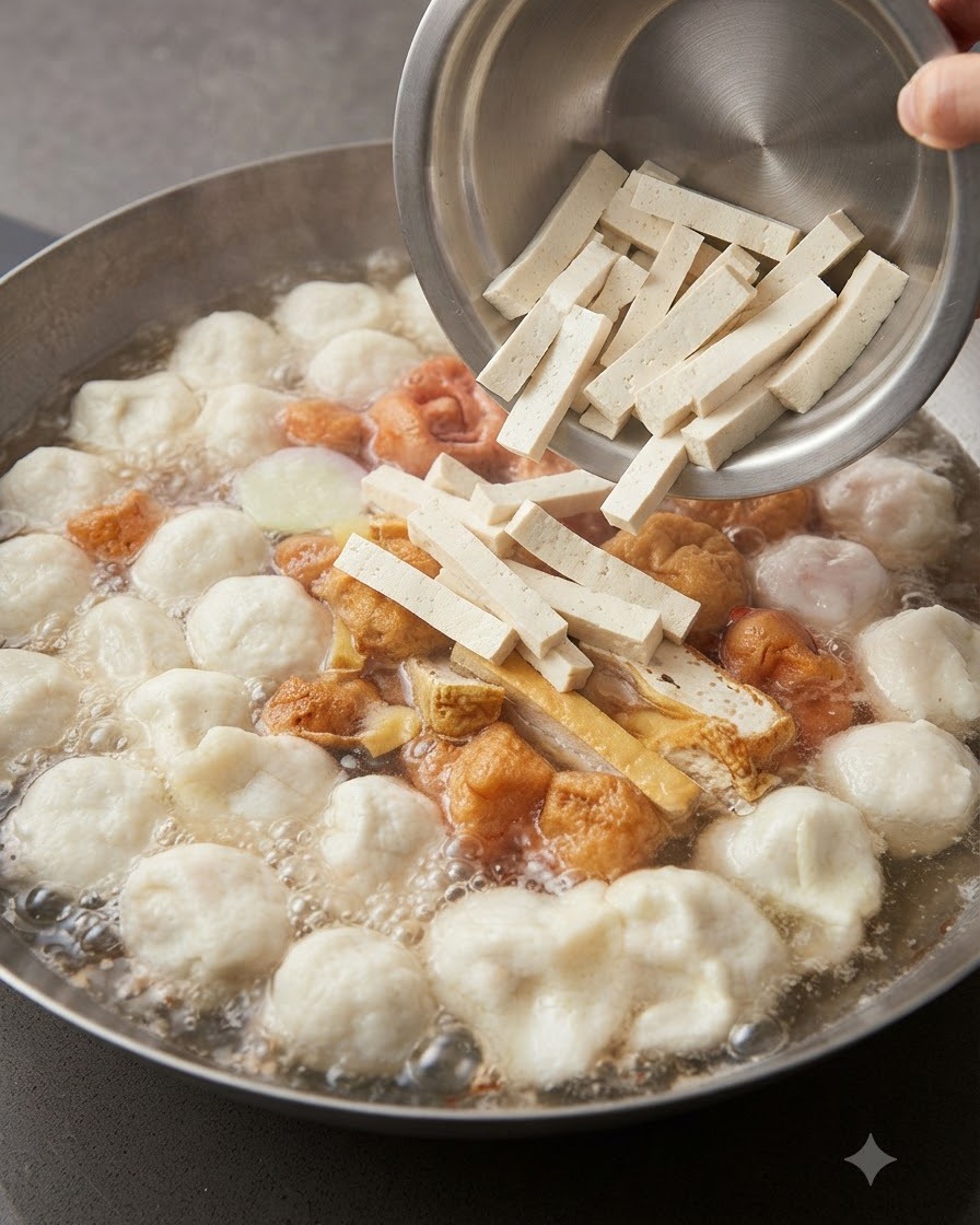 A metal bowl pouring neatly sliced sticks of fresh white tofu into a rich soup with various ingredients.
