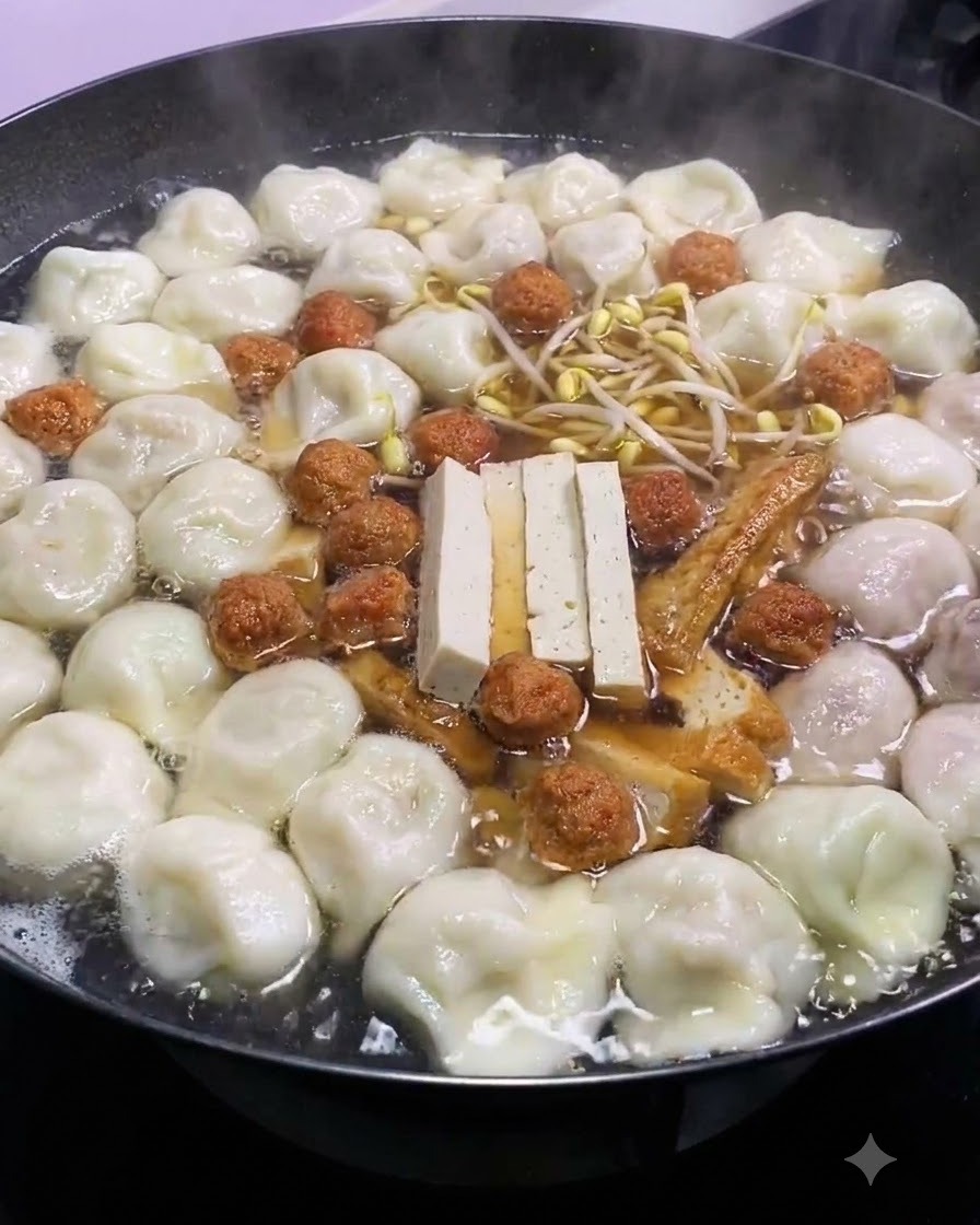 Fresh yellow bean sprouts placed in the center of a crowded pot of simmering soup featuring dumplings, tofu, and meatballs.