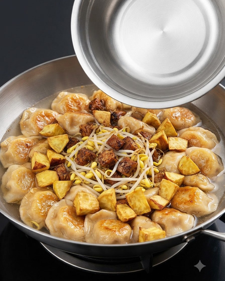 Golden, cubed fried sweet potatoes arranged over the simmering soup mixture with a metal lid being lifted above.
