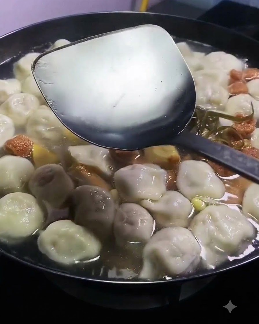 A ladle pouring light soy sauce into a simmering pot filled with dumplings, meat, and tofu.