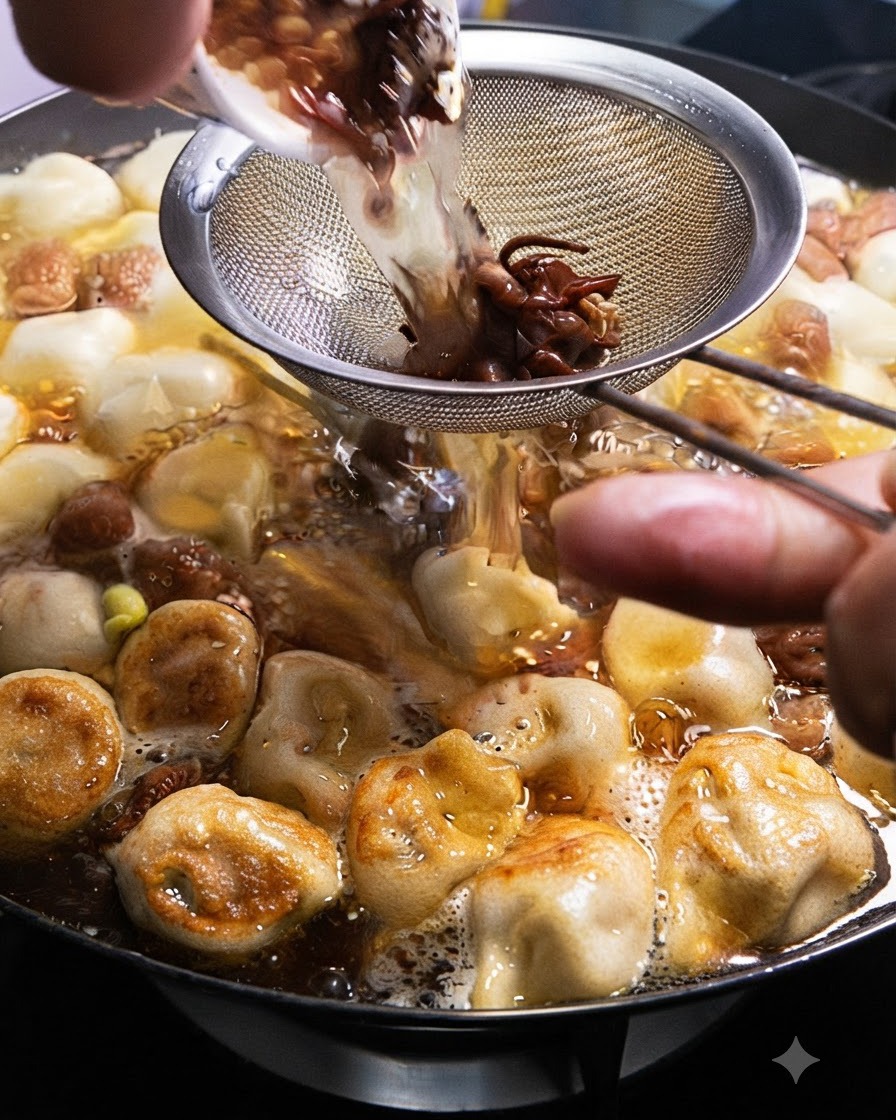 Liquid from soaked Sichuan peppercorns and star anise being strained through a metal mesh sieve into the pot.