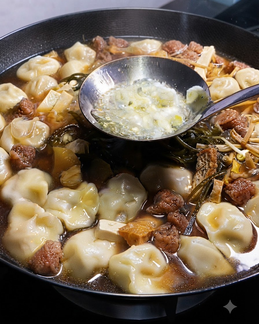 A ladle containing hot oil with chopped scallions and garlic being poured into the simmering broth.
