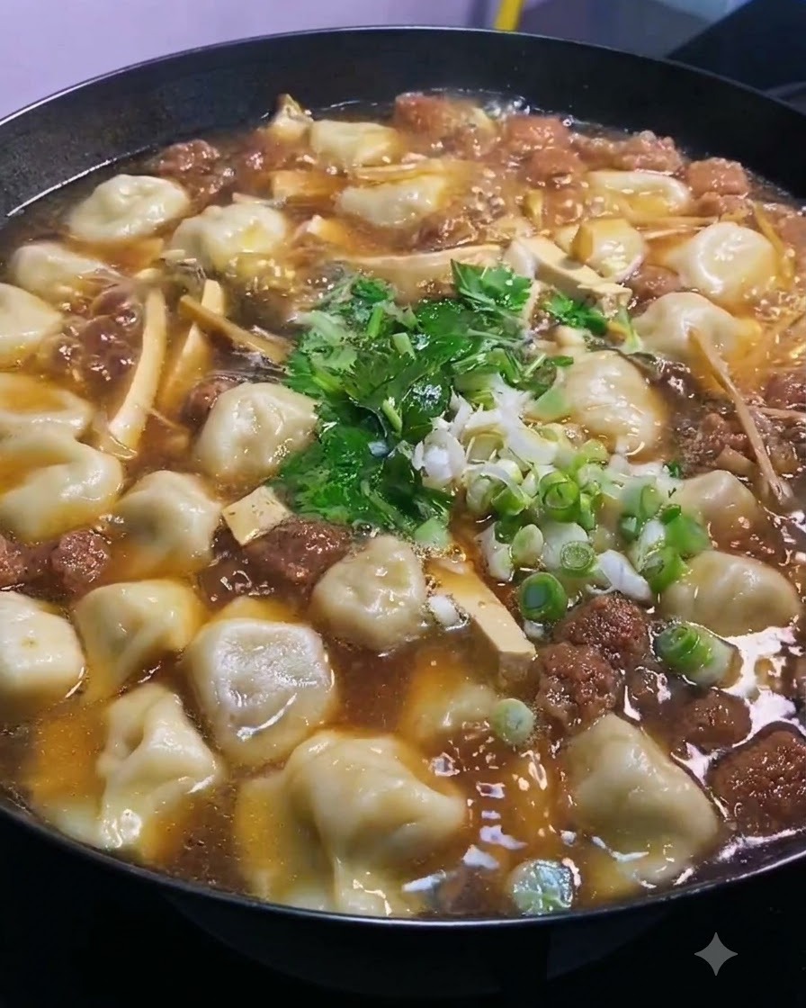A few drops of sesame oil being drizzled over the surface of the hot broth.