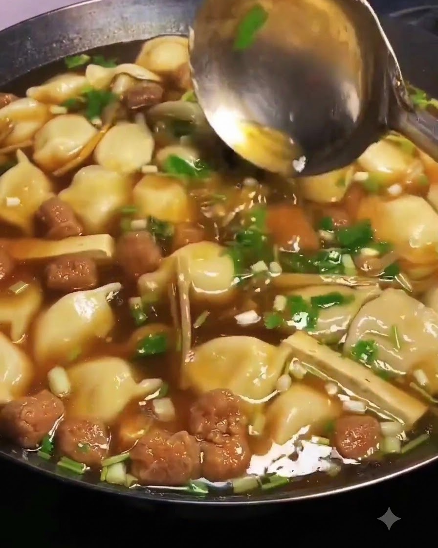 A large ladle gently stirring the finished dumpling soup mixture in the wok.