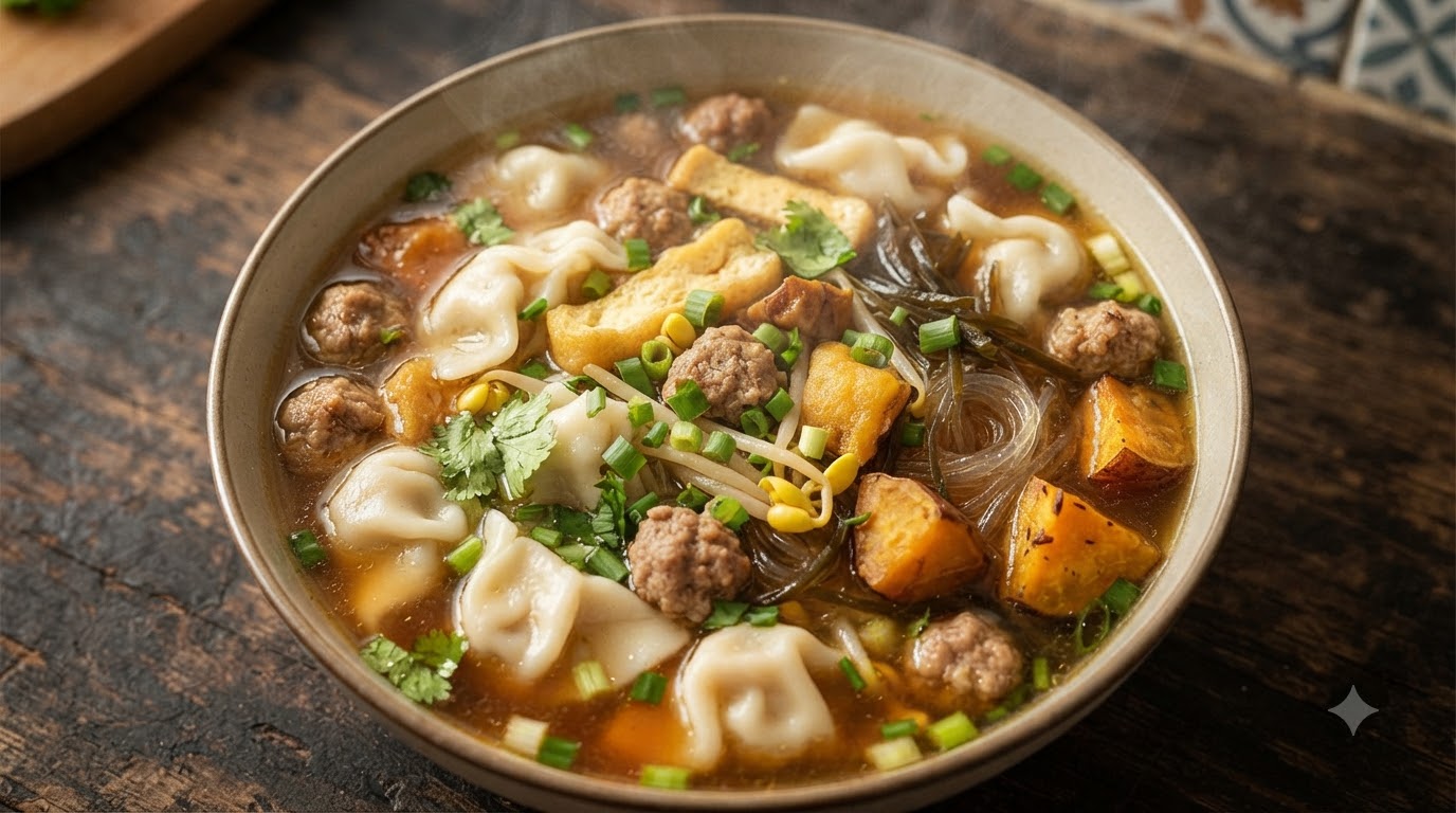 Hearty Chinese Dumpling Soup with Meatballs and Tofu