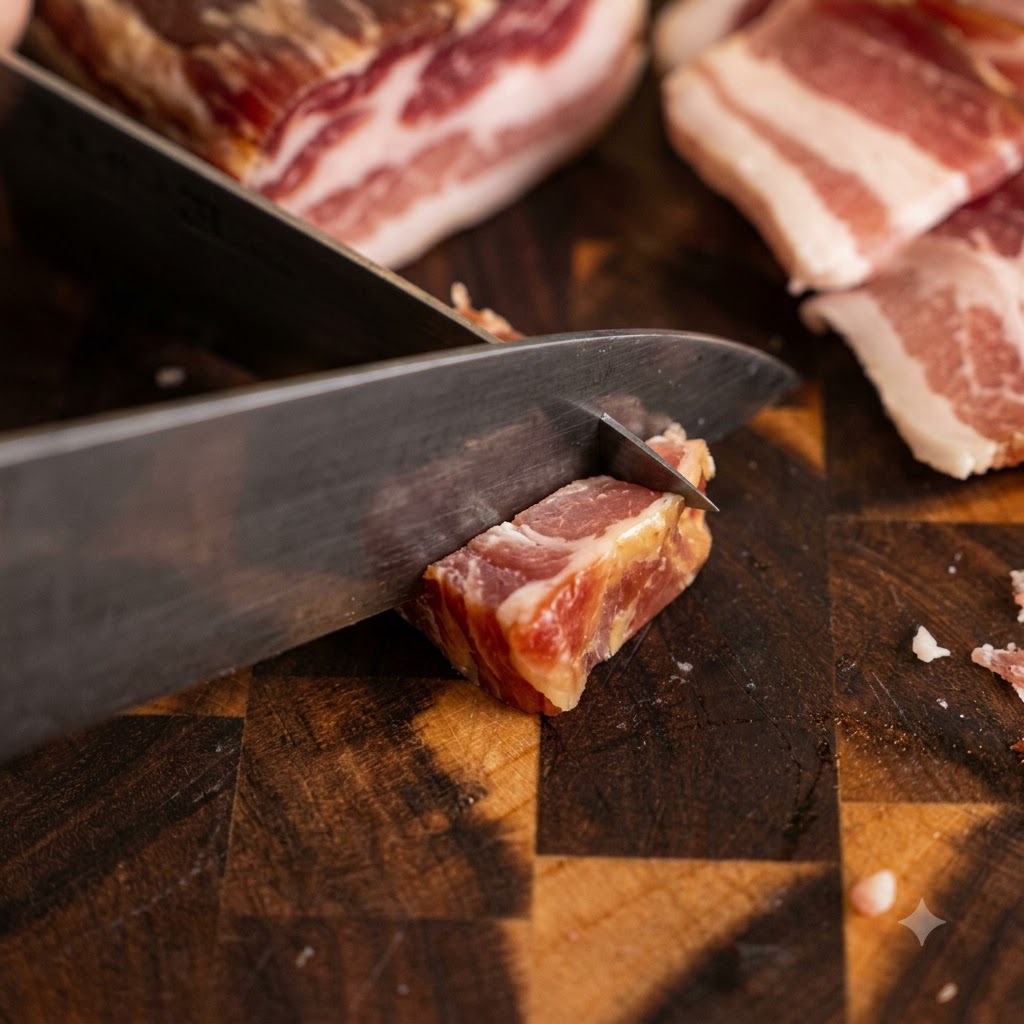 A kitchen knife slicing through a thick piece of bacon on a wooden cutting board.