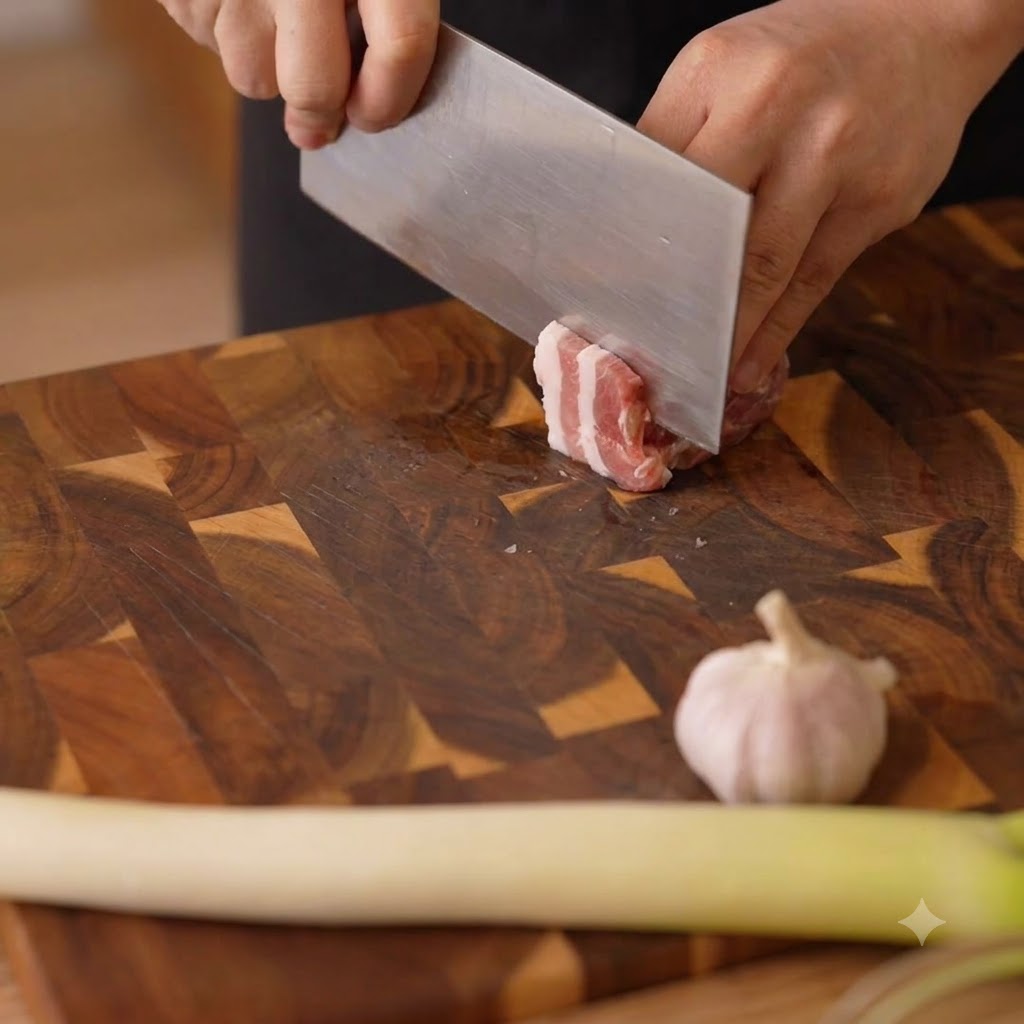 Hands using a large cleaver to cut a piece of pork belly into thin slices on a wooden board.