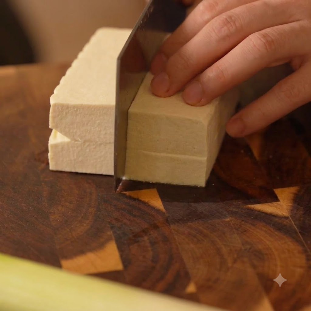 A hand guiding a knife to slice a block of white tofu into small cubes on a wooden cutting board.