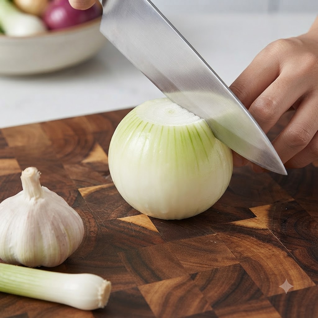 A chefs knife slicing a whole peeled white onion into wedges on a wooden cutting board.