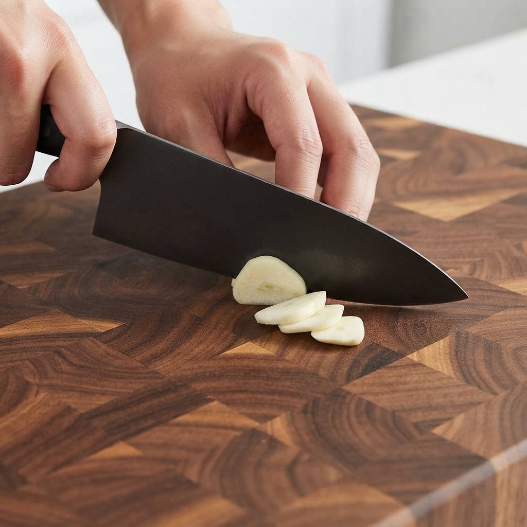 Garlic cloves and white onion being chopped on a wooden cutting board with a kitchen knife.