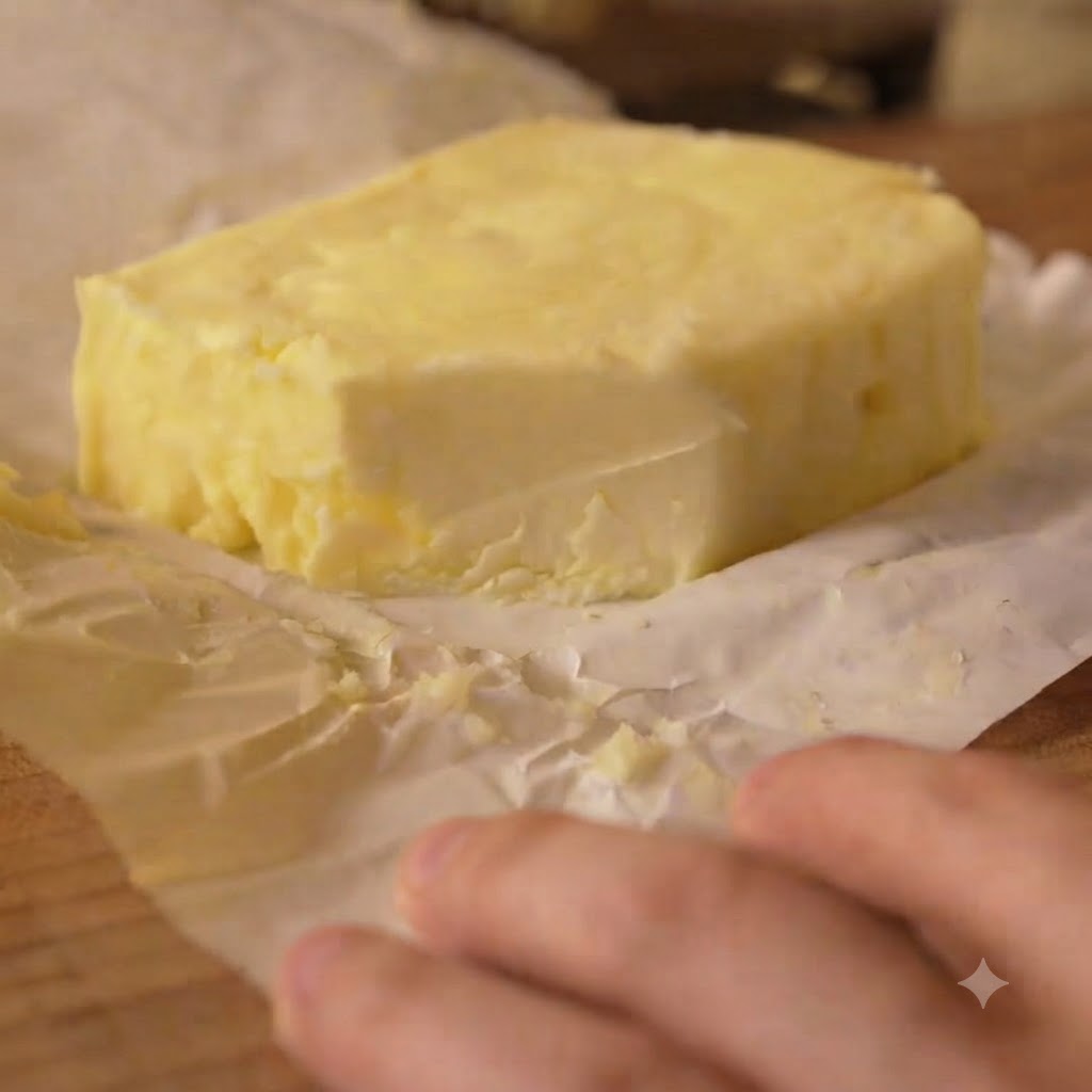 A close-up view of a small square of butter resting on its packaging paper near a cooking pot.