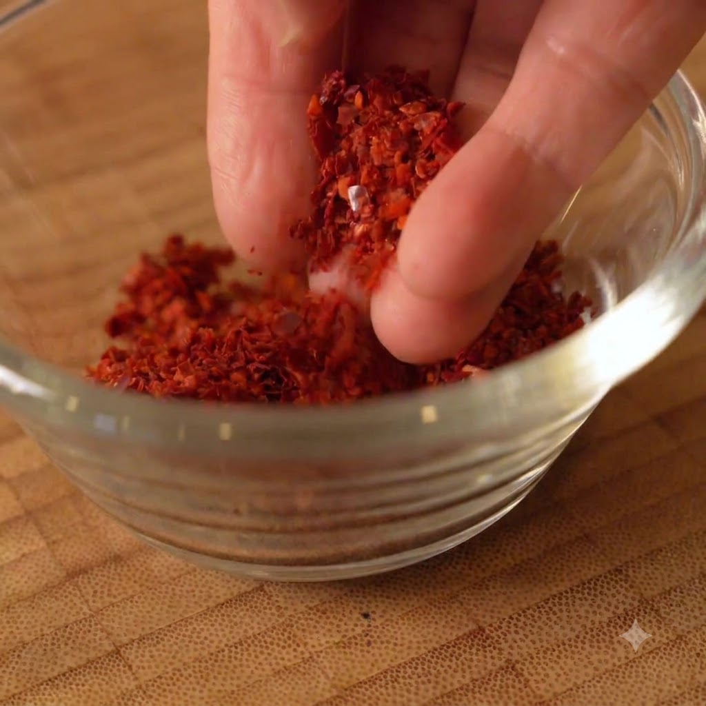 A hand holding a pinch of red chili flakes over a small glass bowl.
