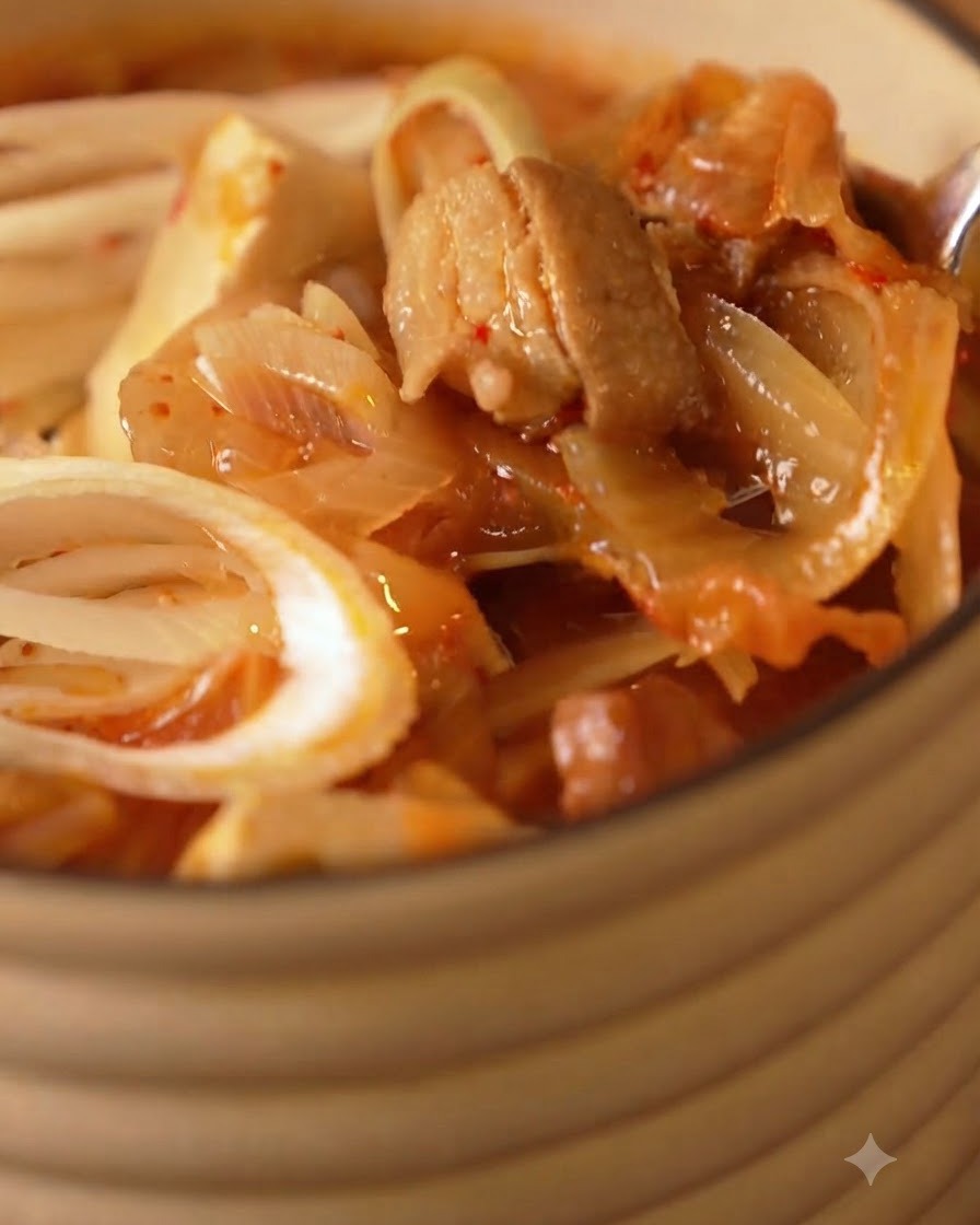 A close-up shot of hot kimchi soup containing onions, tofu, and pork inside a serving bowl.