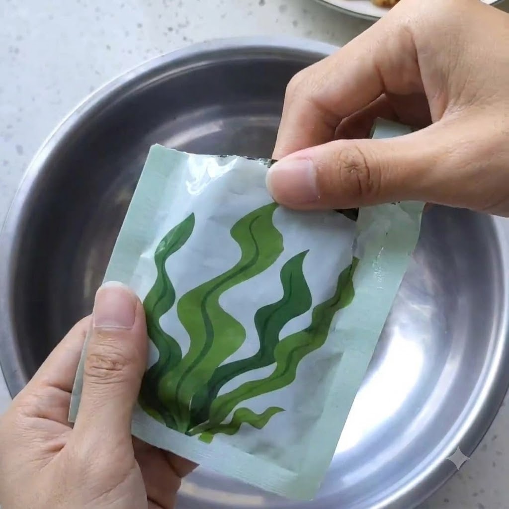 A pair of hands opening a package of compressed kelp over a metal bowl.
