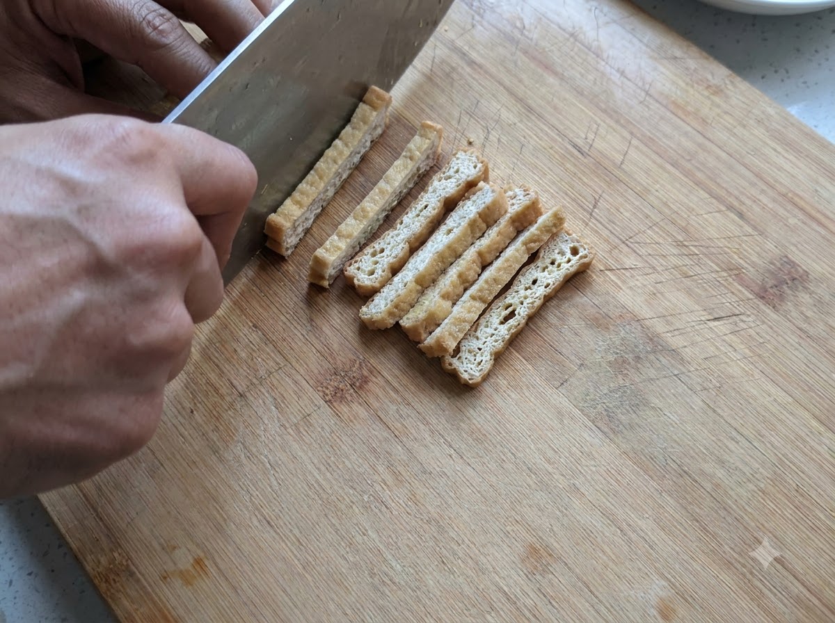 A pair of hands slicing fried tofu into thin strips with a knife on a wooden board.
