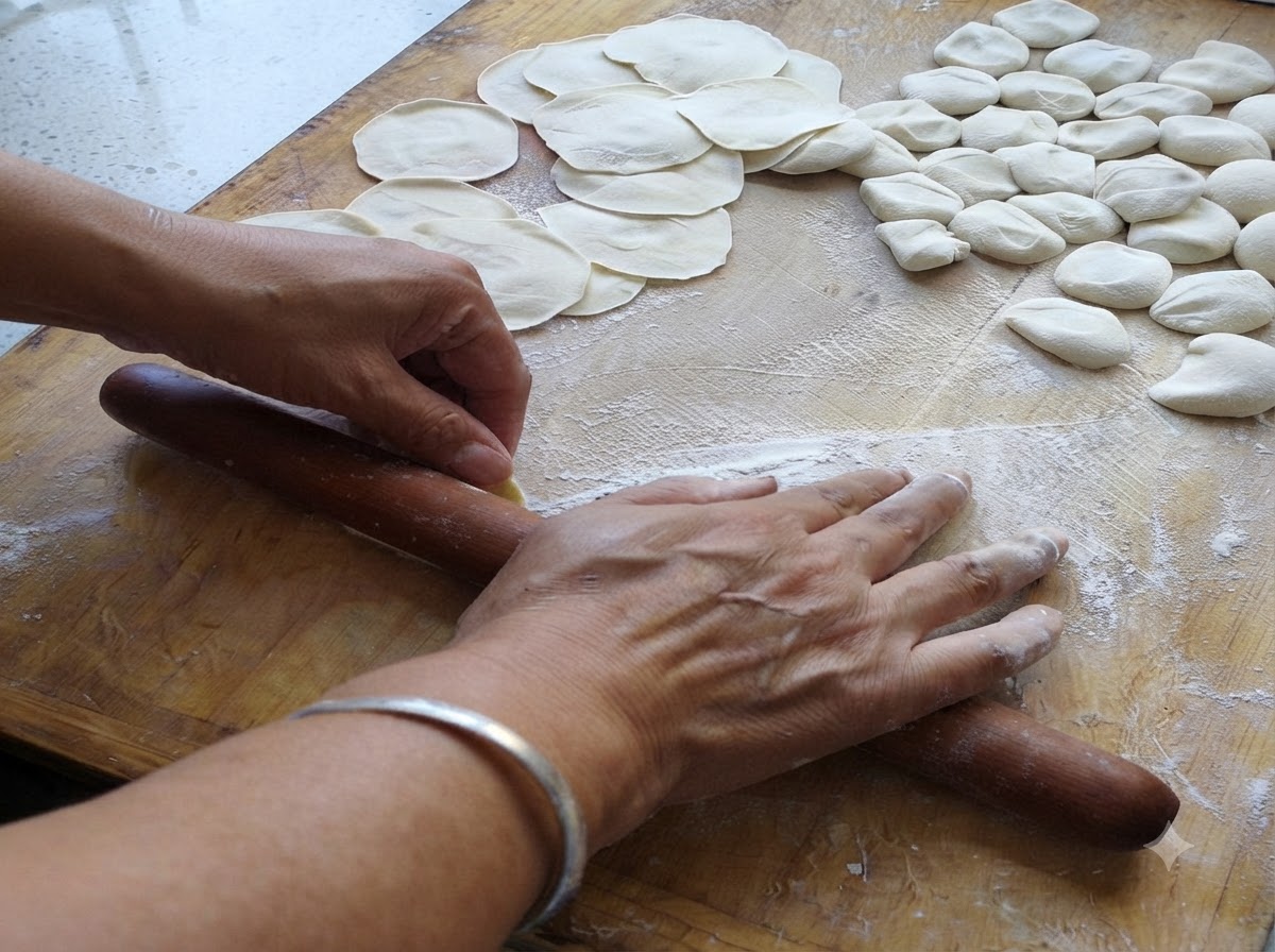 Hands rolling out round dumpling wrappers using a wooden rolling pin on a floured surface.