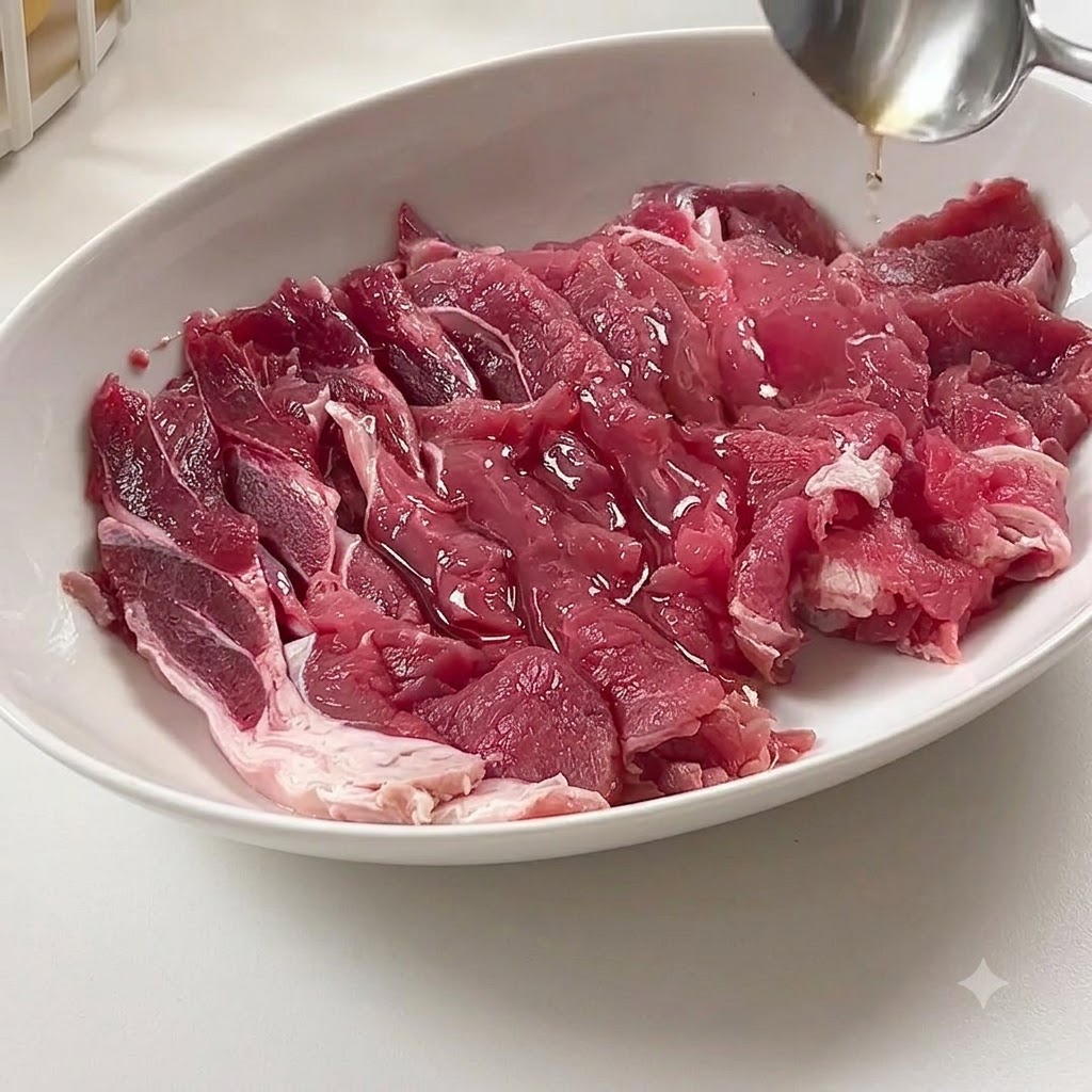 Sliced raw beef in a white platter being drizzled with seasoning sauces from a spoon.