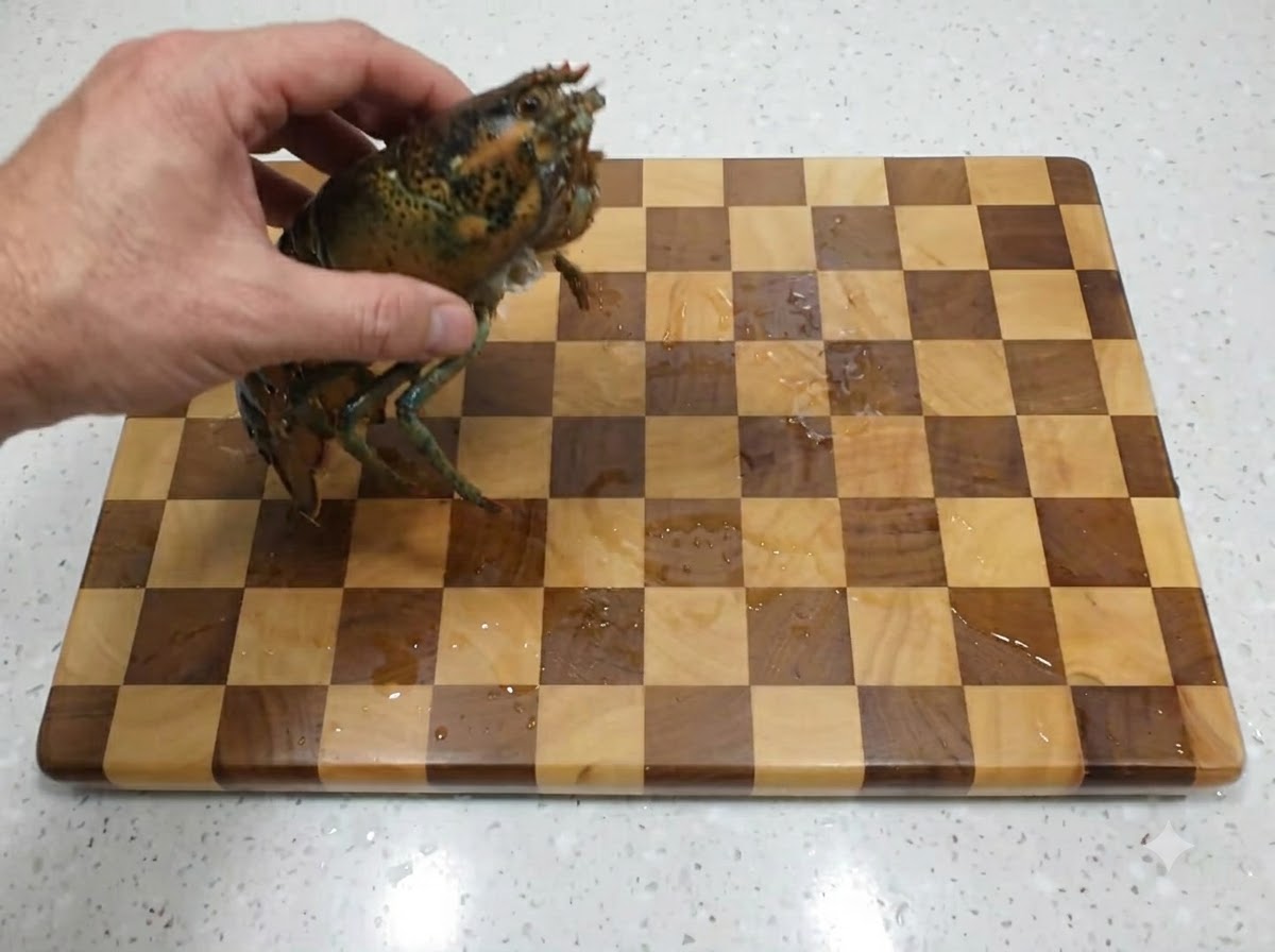 A hand holding a fresh raw lobster over a checkered wooden cutting board.