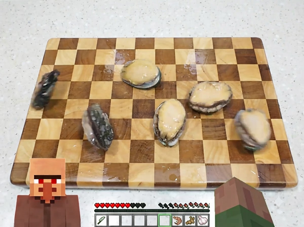 Fresh abalone arranged on a checkered cutting board being scored with a knife.
