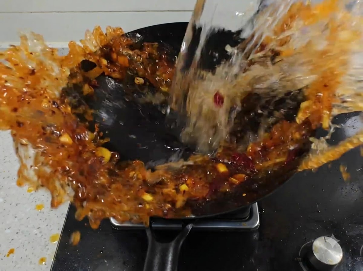 Water being poured from a pitcher into a wok filled with sizzling spicy chili paste and aromatics.