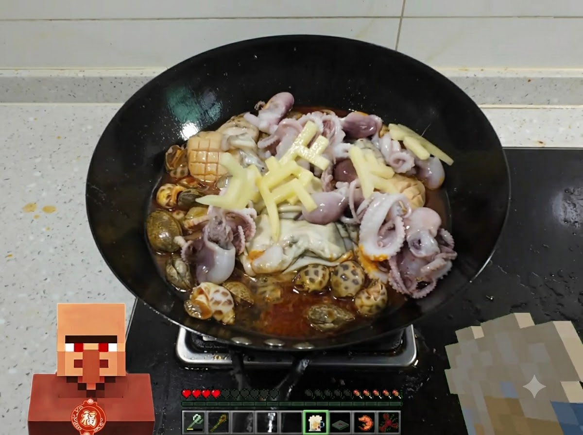 Beer being poured over a mix of seafood and sliced potatoes simmering inside a wok.