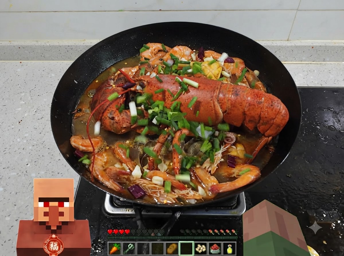 A large wok filled with cooked lobster, shrimp, and seafood topped with a generous layer of chopped green onions.