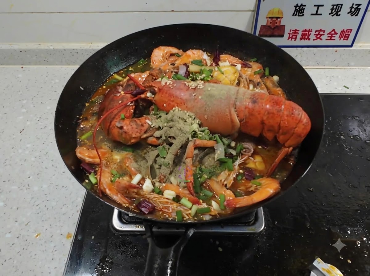 Smoking hot oil being poured over dry spices and green onions layered on top of a cooked seafood platter in a wok.