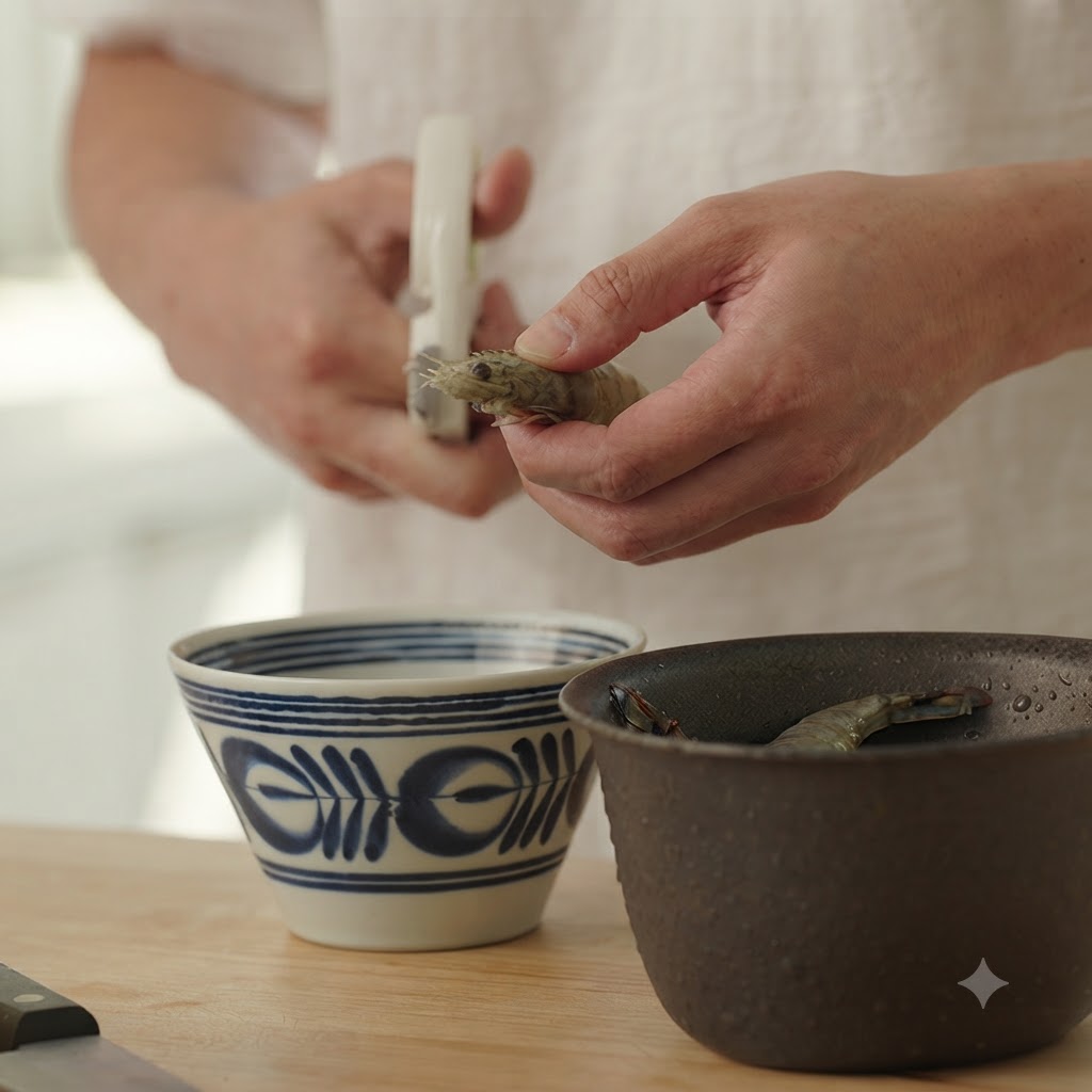 A pair of kitchen scissors cutting open the back of a raw shrimp held in hands.