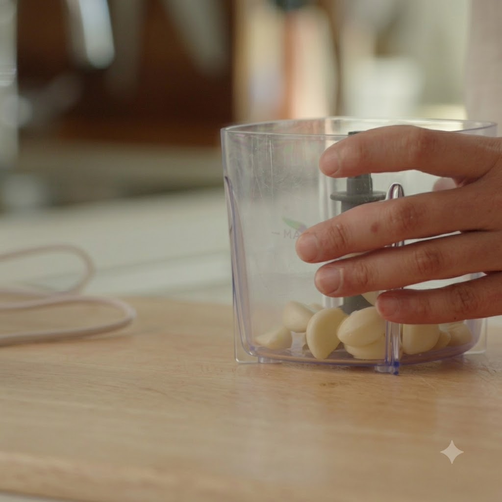 Peeled garlic cloves inside the clear container of a small food processor on a wooden board.