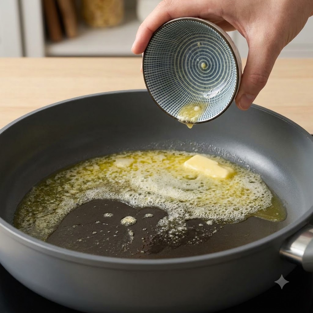 A small bowl pouring minced garlic into melting butter inside a pot.