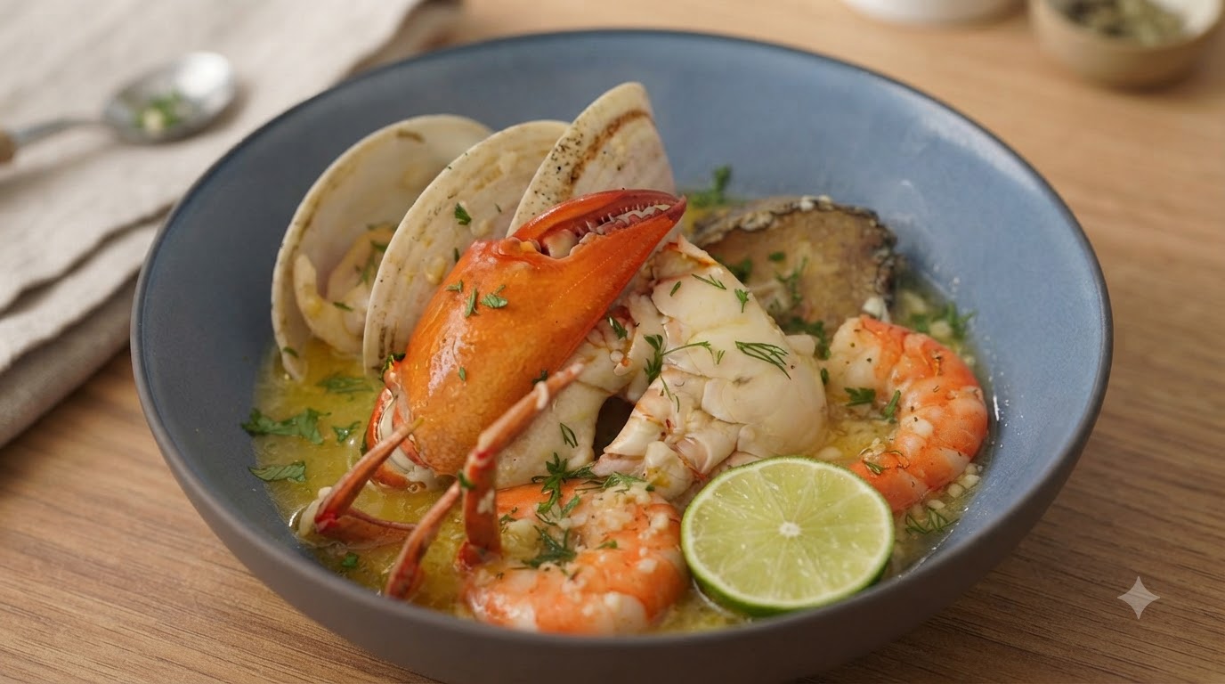 A vibrant butter garlic seafood pot featuring crab claws, pink shrimp, and open clams in a rich golden broth.