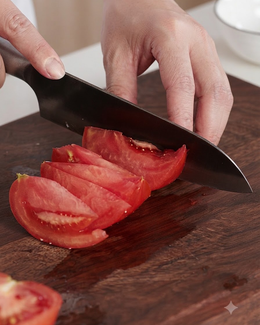 Fresh red tomatoes being sliced into thick wedges on a wooden cutting board with a knife.